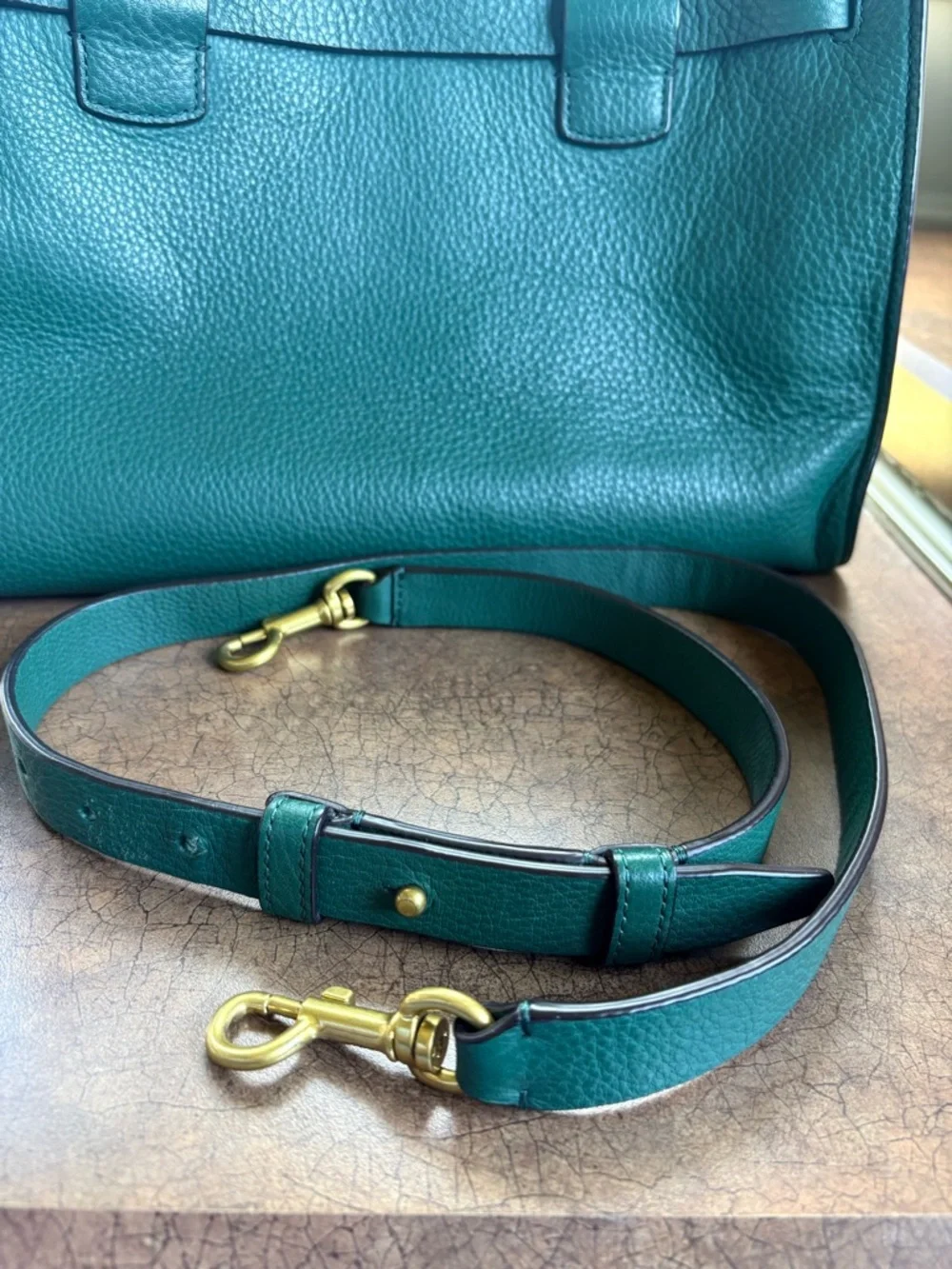 Tory Burch Emerald Green Pebbled Leather Satchel with Gold Hardware - Picture 6 of 10